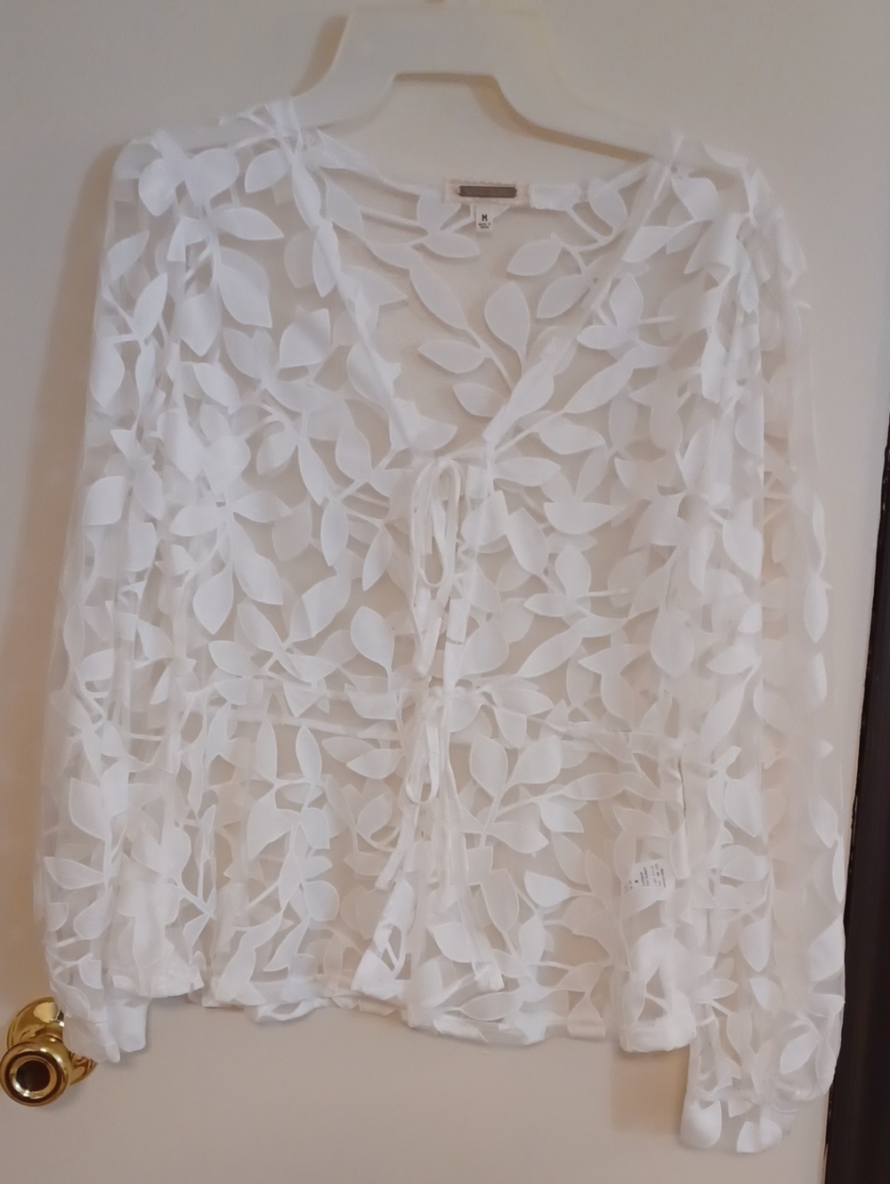 White Leaf Burnout Tie-Front Sheer Blouse